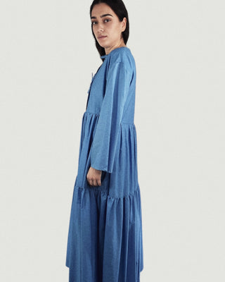 Tied Front Exaggerated Volume Maxi Dress in Blue