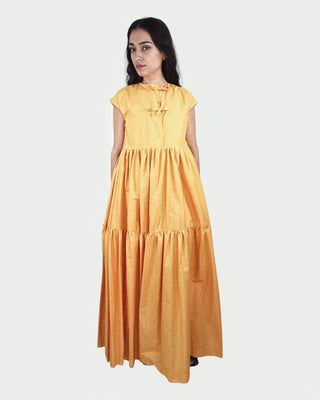 Tied Front Exaggerated Volume Maxi Dress in Yellow