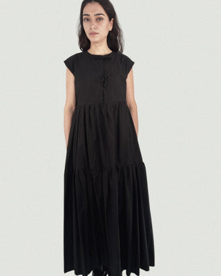 Tied Front Exaggerated Volume Maxi Dress in Black