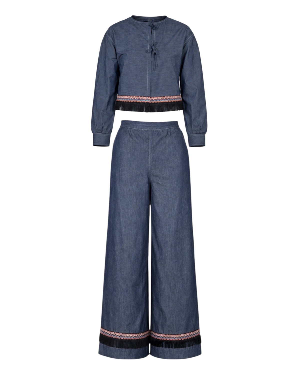 Tied Front Denim Top & High Waist Denim Trousers