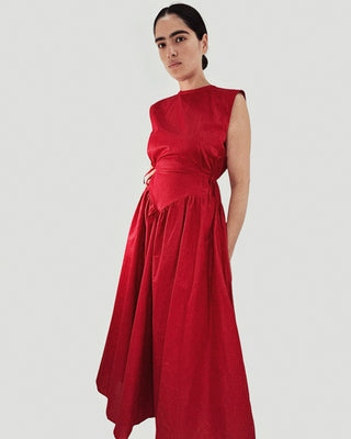 Mystic Moods Vintage Red V-Waist Midi Dress
