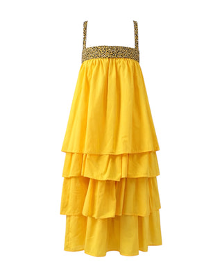 Ruffled Midi Slip on Dress in Yellow