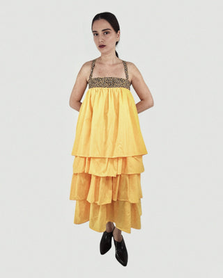 Ruffled Midi Slip on Dress in Yellow