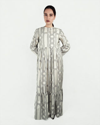 Abstract Sunset Print Tiered  Maxi Dress